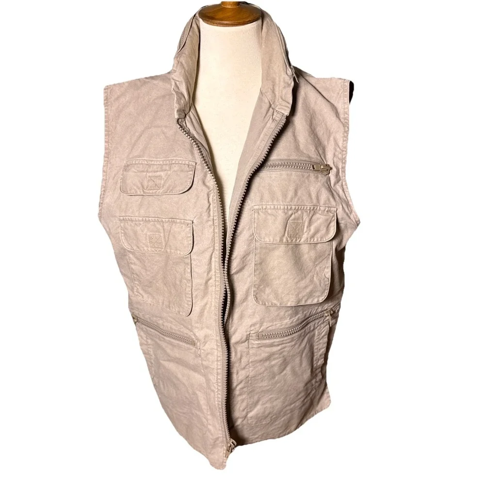 Vintage Banana Republic Cargo Zip Vest Jacket‎ Mens Medium Safari Hooded Travel